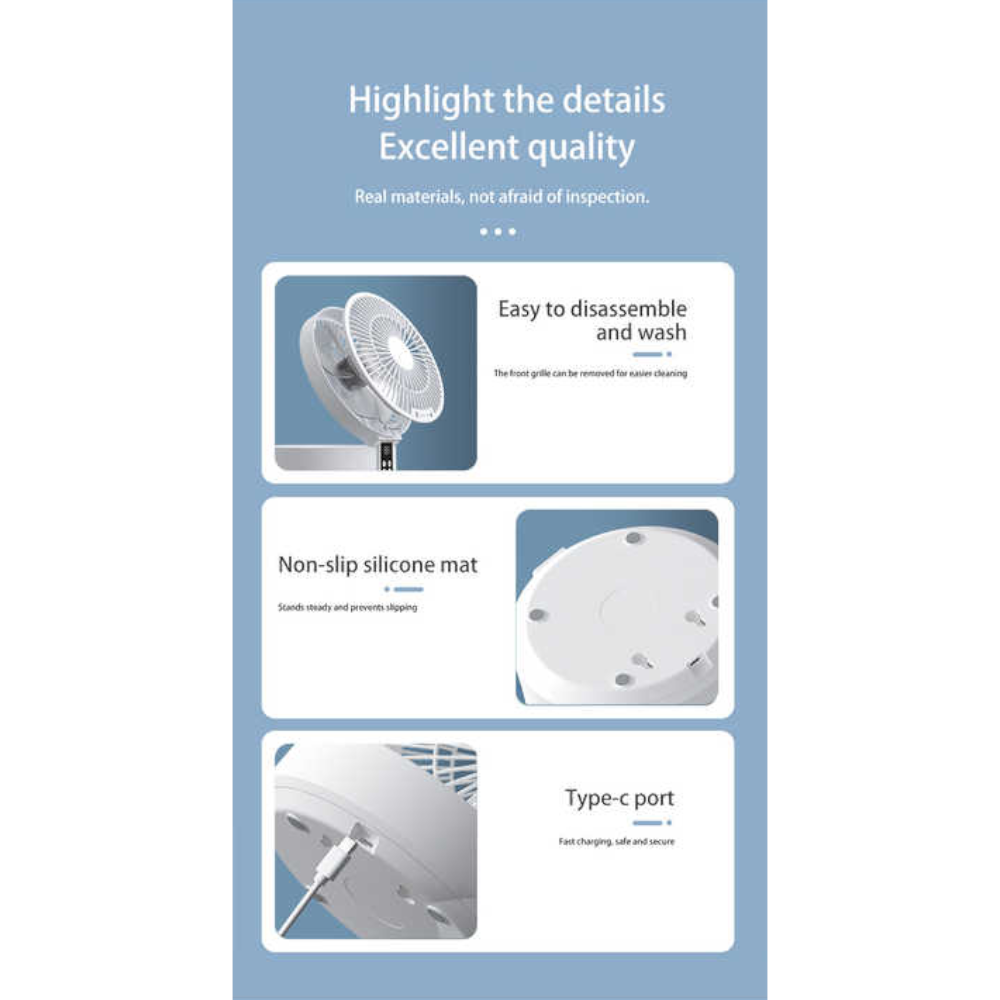 Elosung White Remote Control Wall Mount Foldable Mini Usb Fan With Night Light Digital Display