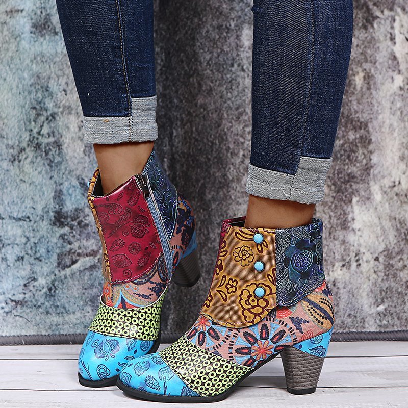Bohemian Women's Boho Boots Retro Block High Heels Zipper