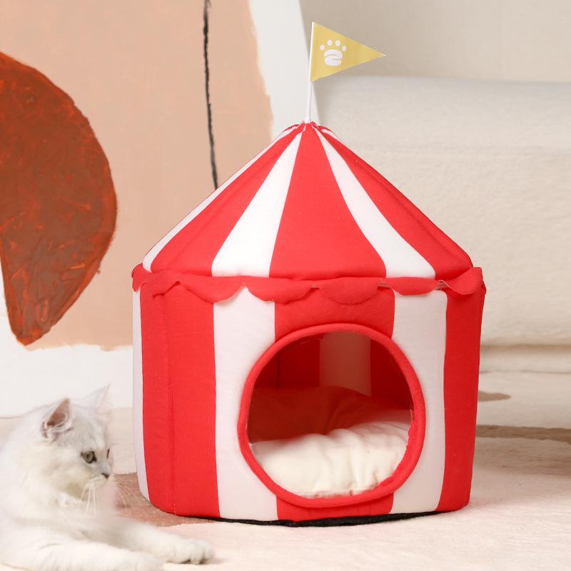 Cute Red White Circus Tent Cat Bed Indoor Pet Nest