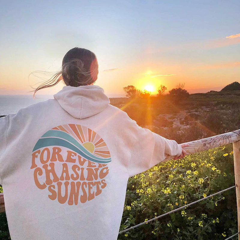 Women Fleece Lined Sunset Print Kangaroo Pocket Drawstring Hoodie