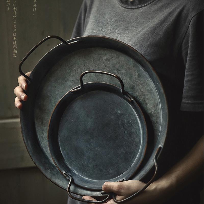 Retro Metal Plate With Handles Decorative Bread Tray