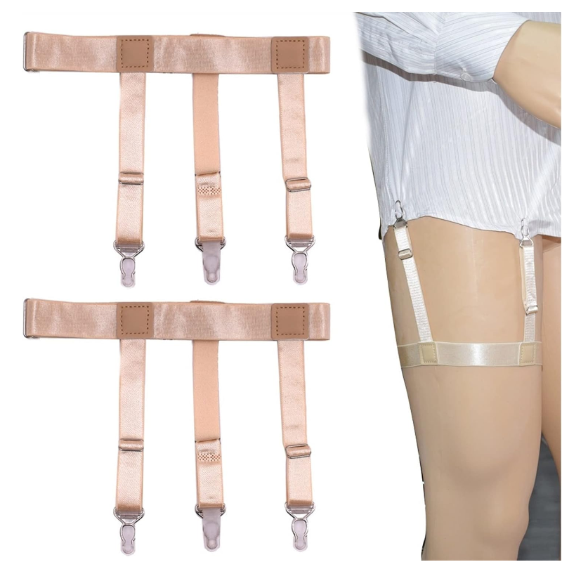 Adjustable Uniform Dress Shirt Stay Holders Elastic Garter Belts With Non Slip Locking Clamps
