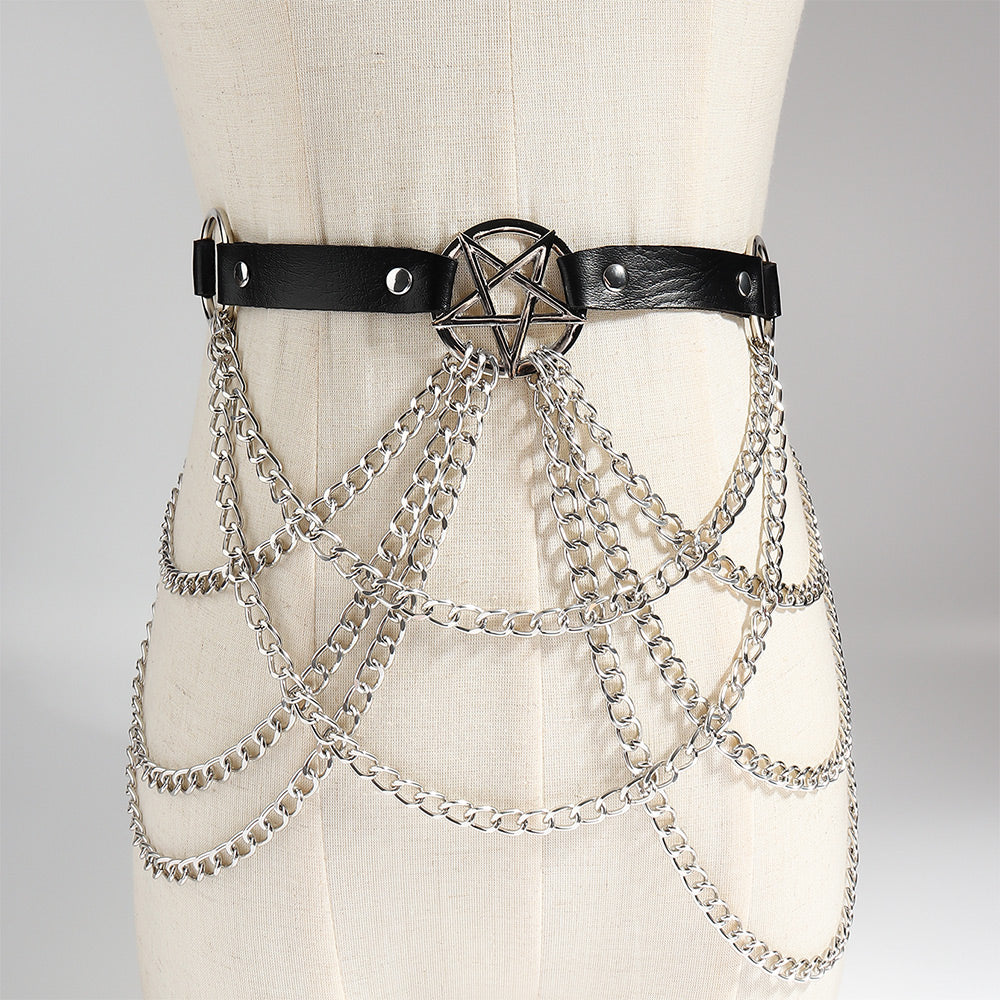 Women's Multi-Layer Chain Belt Hollow Fringe Body Sexy Pin Buckle Five-Pointed Star Harness Leather Goods