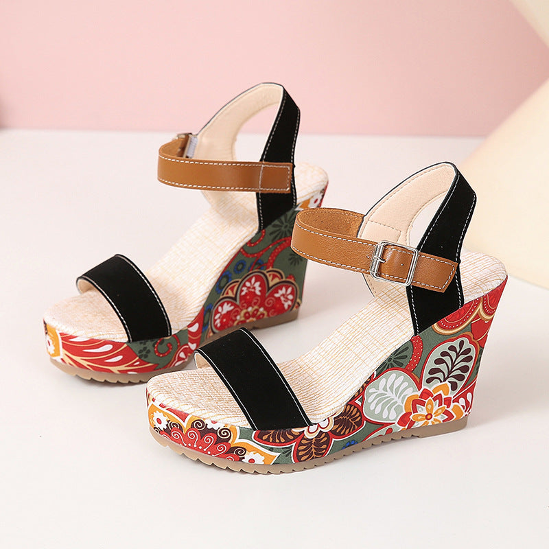 Fashion Flowers Embroidered High Wedge Sandals For Women Summer Toe Platform Buckle Shoes