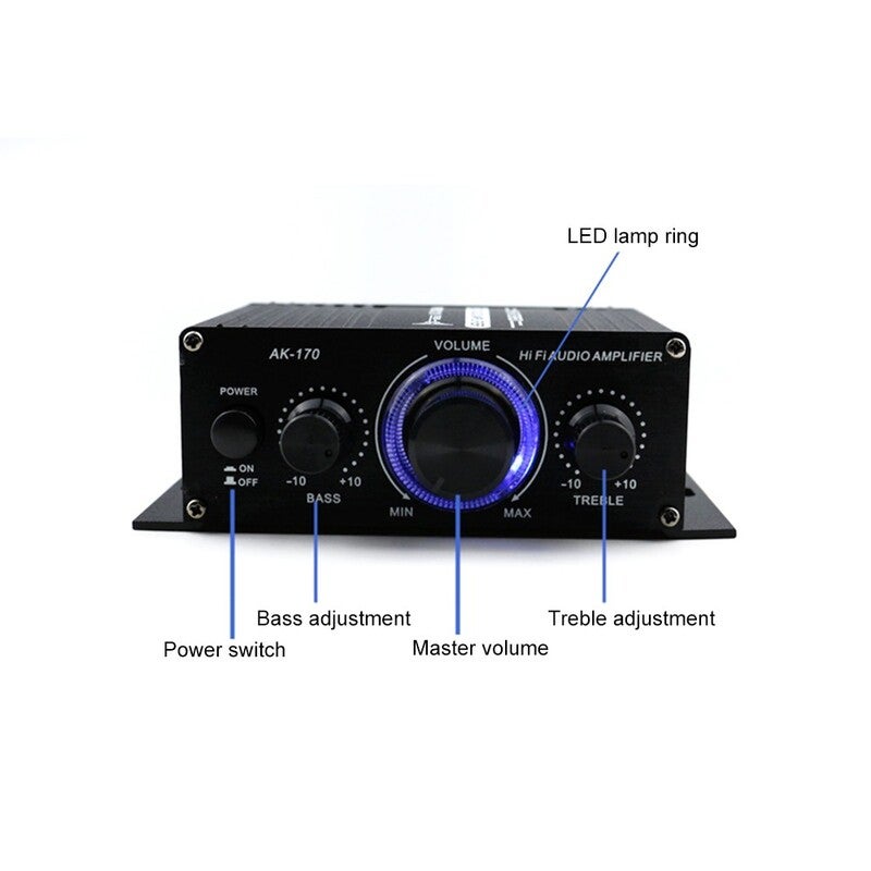 Ak170 12V Mini Audio Power Amplifier Digital Receiver Dual Channel 20W20w Bass Treble Volume Control For Car Use