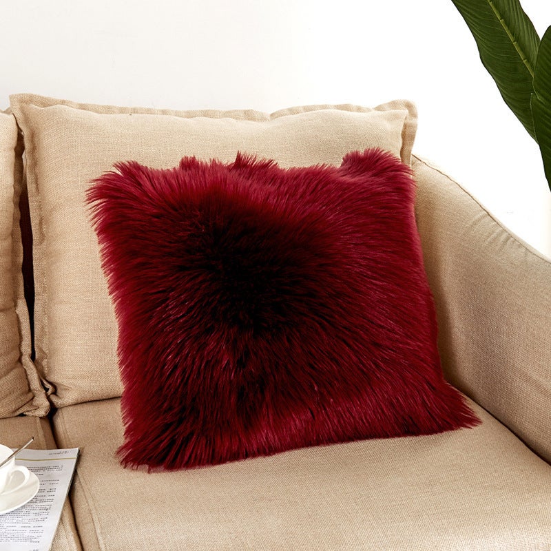 Artificial Wool Fur Soft Plush Pillowcase Cushion Cover Wine Red