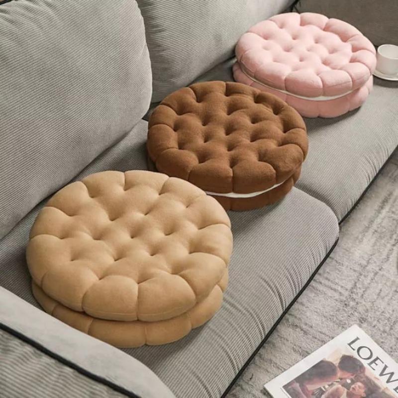 Plush Pillow Black Round Double Biscuit Shape Stuffed Soft Cushion Decor
