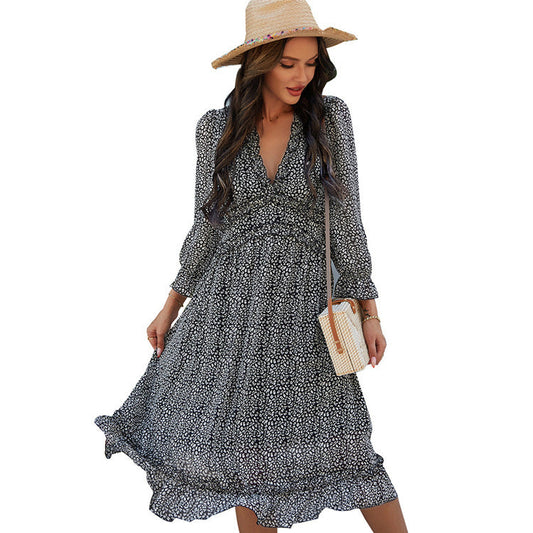Boho All Over Print Frill Trim Women's Summer Long Sleeve V Neck Dress