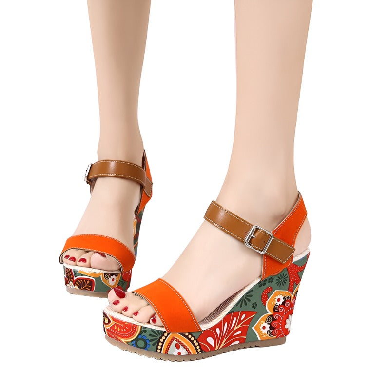 Fashion Flowers Embroidered High Wedge Sandals For Women Summer Toe Platform Buckle Shoes