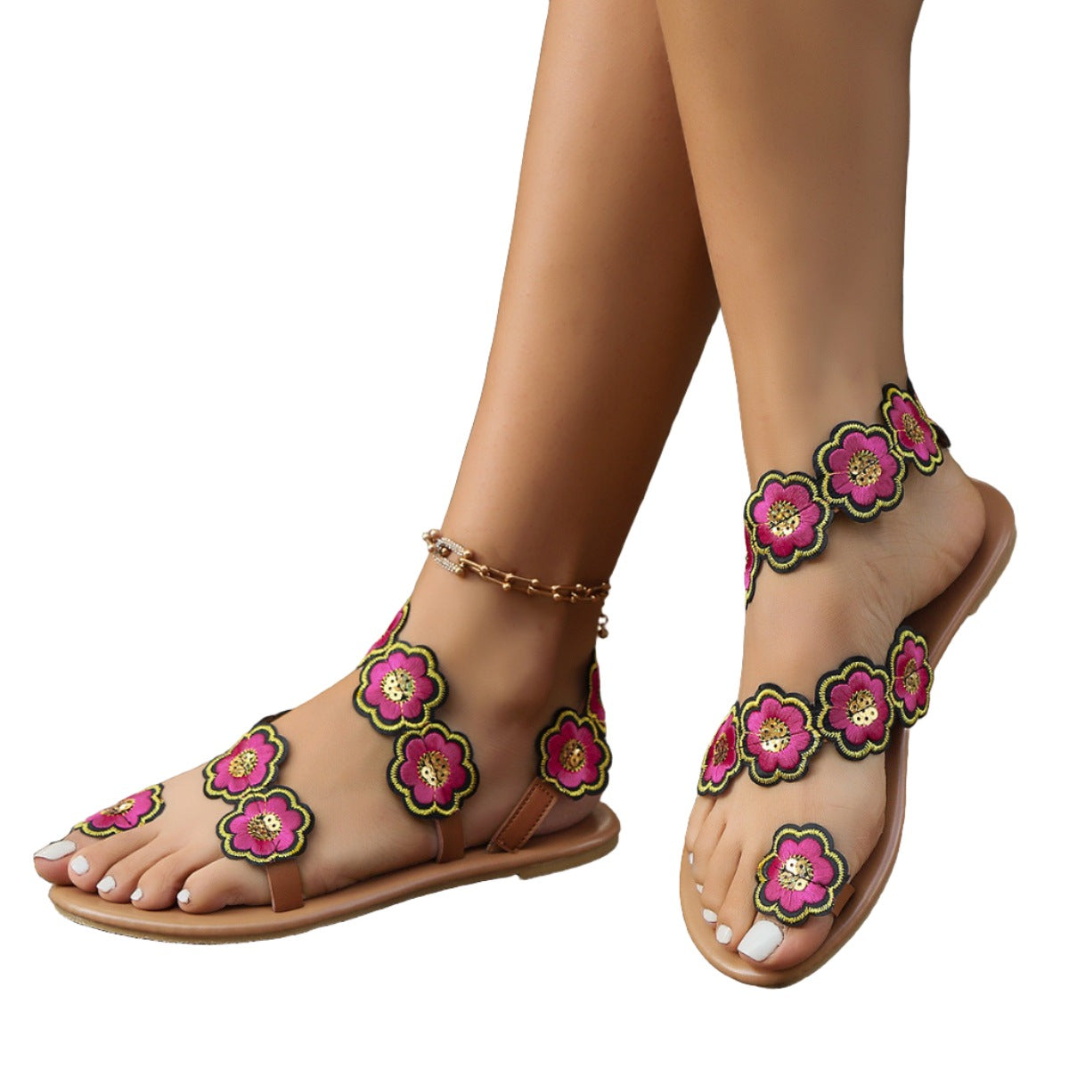 Ethnic Style Flowers Flat Sandals Summer Vacation Casual Clip Toe Beach Shoes For Women