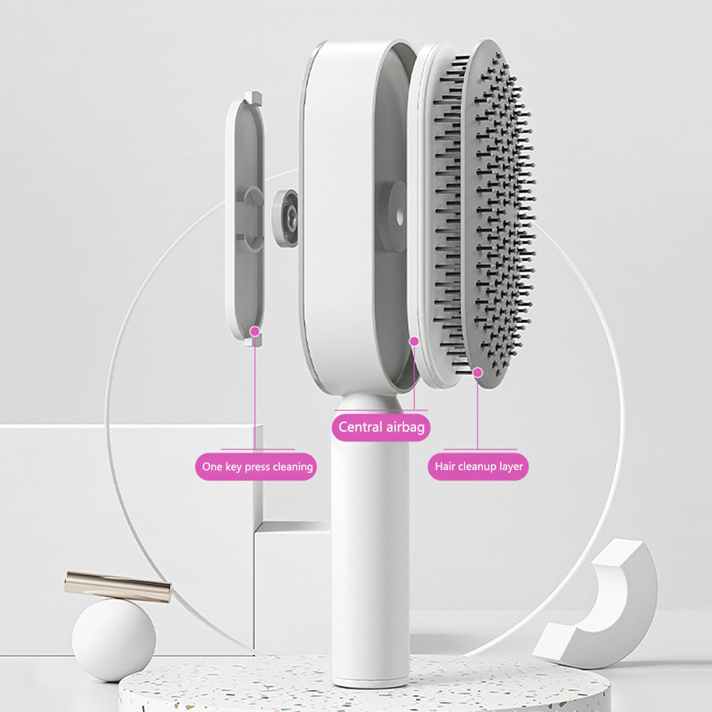 One-Press Self Cleaning Hair Brush Standing Base Women