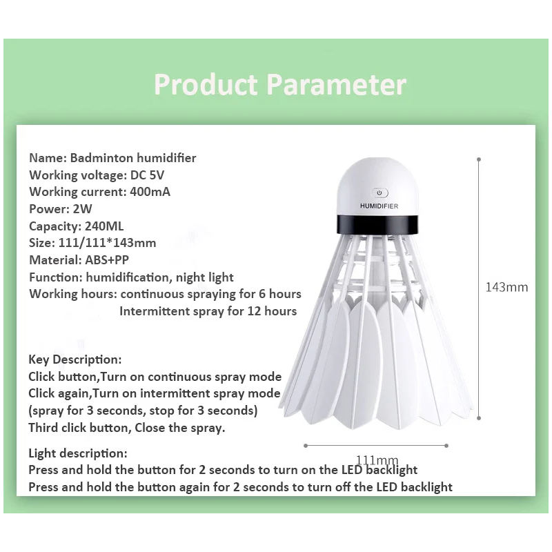 Badminton Humidifier Car Air Freshener Purifier Led Night Light Mist Maker