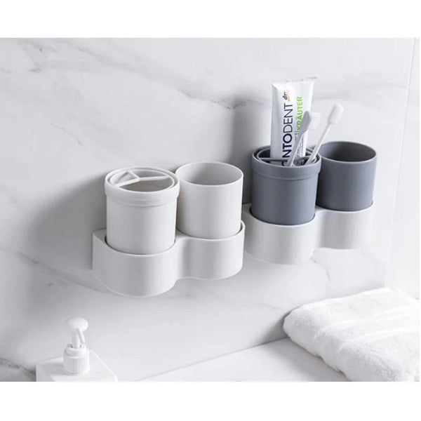 Bathroom Wall Suction Toothbrush Holder Barrel Set Grey