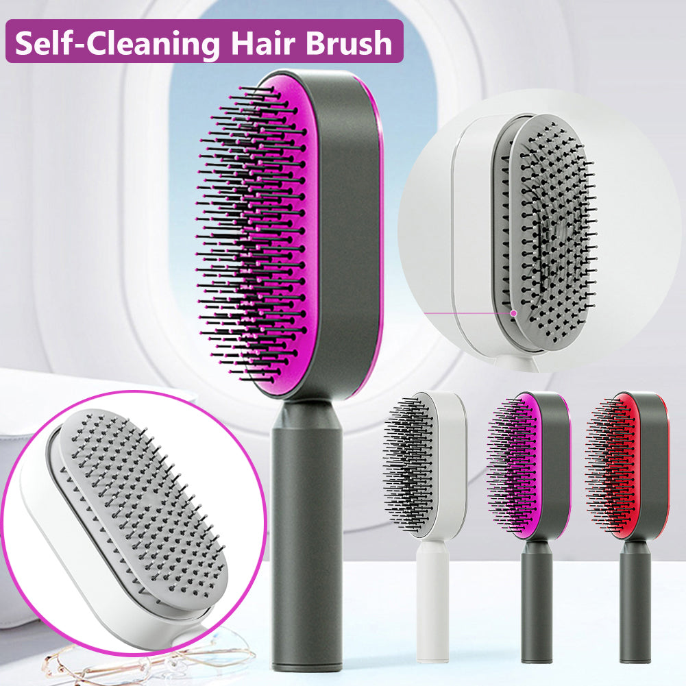 One-Press Self Cleaning Hair Brush Standing Base Women