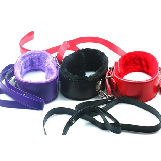 Bdsm Plush Collar Leash Purple Black Red Bondage Restraints Kink