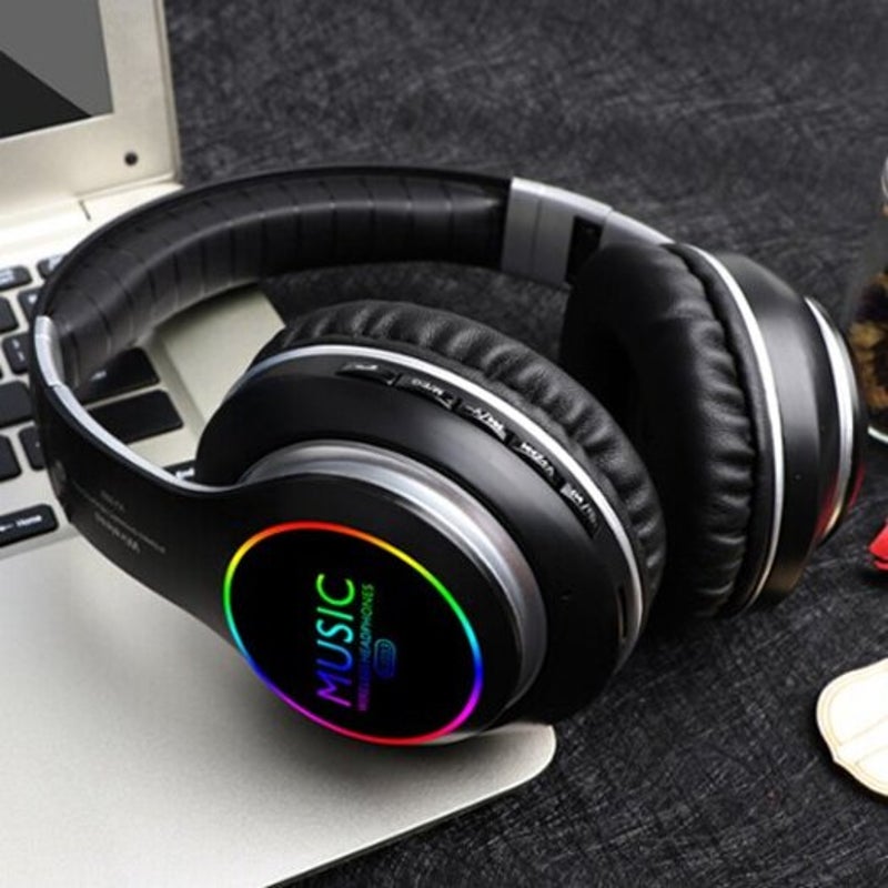 Vj033 Folding Led Hifi Wireless Headset Bluetooth 5.0 Sport Headphone With Noise Reduction Mic Tf Card Play Black