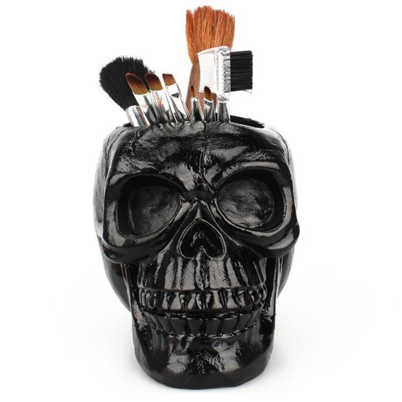 Black Skull Desktop Pen Holder Storage Case Resin Pencil Organizer Decoration