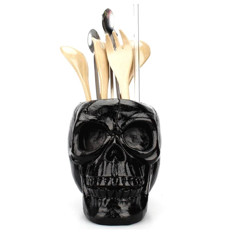 Black Skull Desktop Pen Holder Storage Case Resin Pencil Organizer Decoration