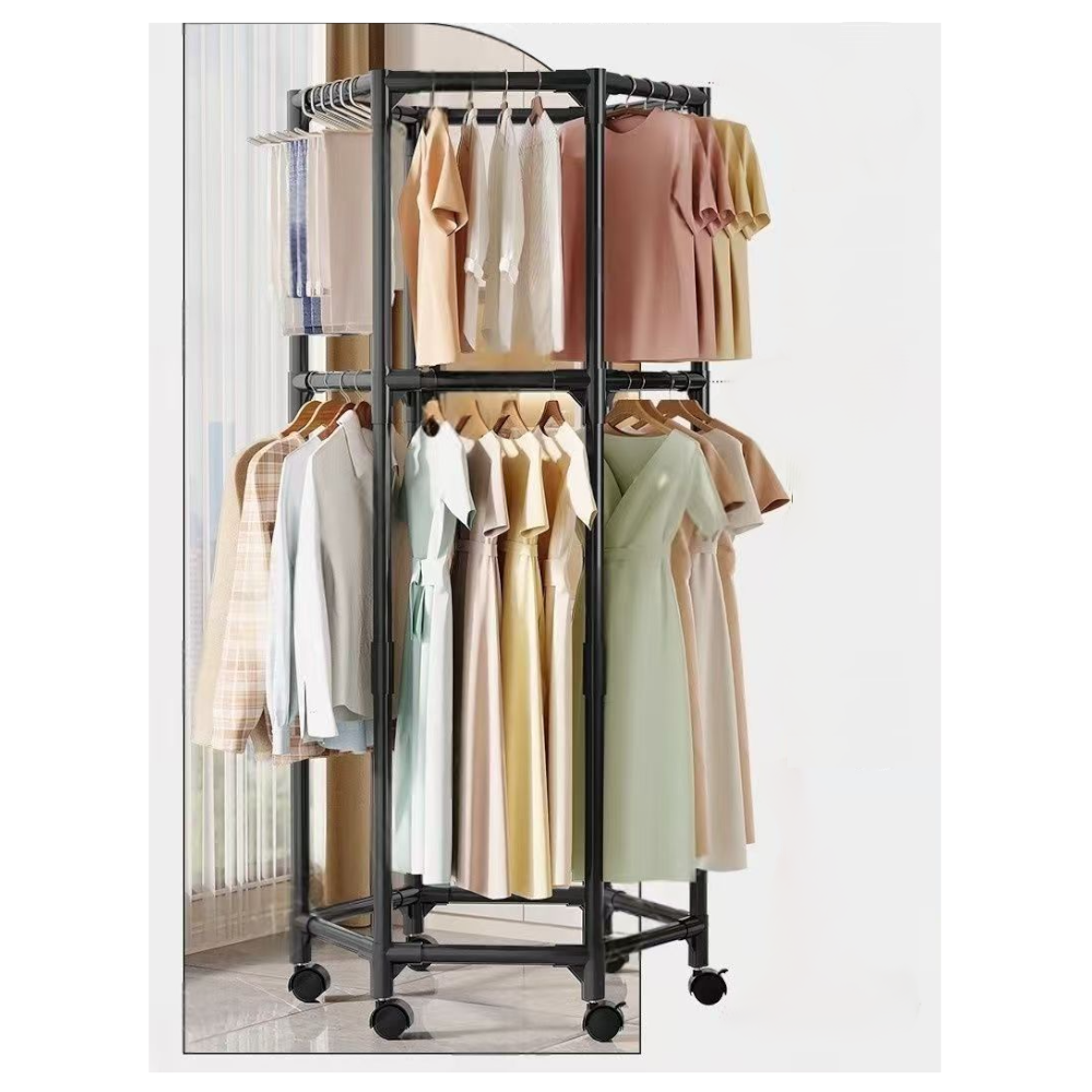Black Double Layer 360A Rotating Portable Garment Rack Heavy Duty Rolling Clothes Stand With Wheels For Bedroom & Laundr