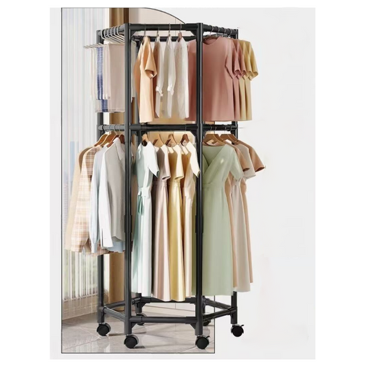 Black Double Layer 360A Rotating Portable Garment Rack Heavy Duty Rolling Clothes Stand With Wheels For Bedroom & Laundr