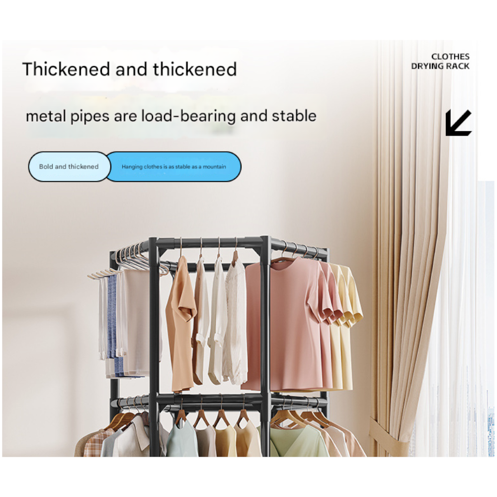 Black Double Layer 360A Rotating Portable Garment Rack Heavy Duty Rolling Clothes Stand With Wheels For Bedroom & Laundr
