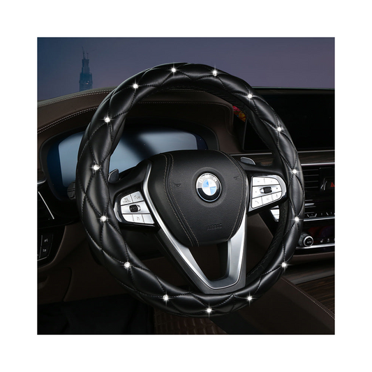 Black Luxury Bling Steering Wheel Cover - Quilted Leather With Crystal Rhinestones Universal 38Cm Fit