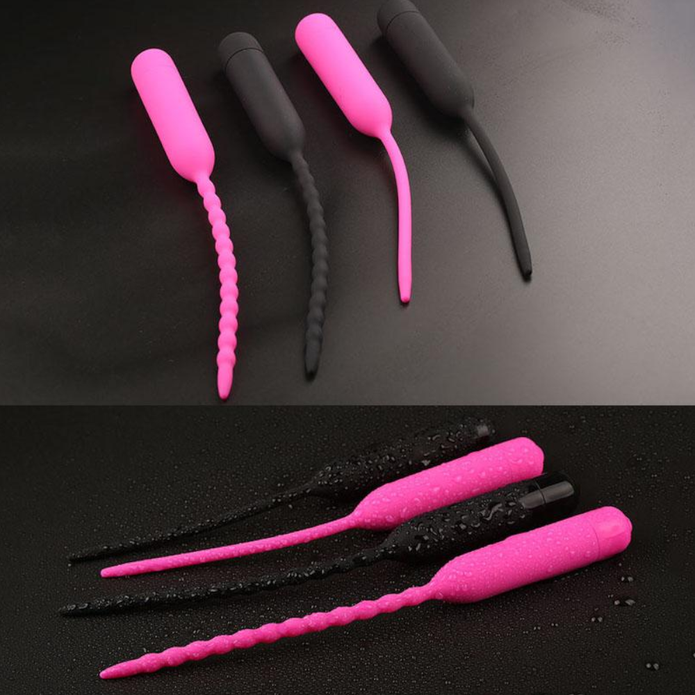Black Pink Silicone Urethral Sound Beaded Penis Plug Vibrator