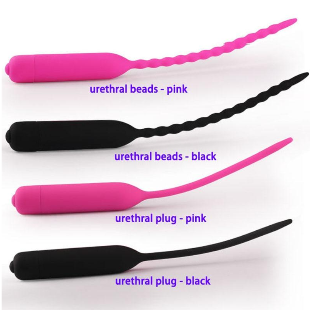 Black Pink Silicone Urethral Sound Beaded Penis Plug Vibrator