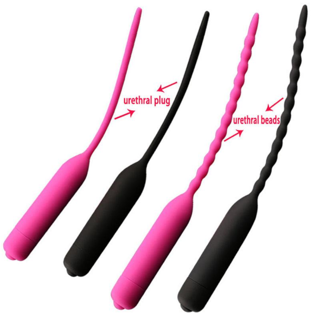 Black Pink Silicone Urethral Sound Beaded Penis Plug Vibrator