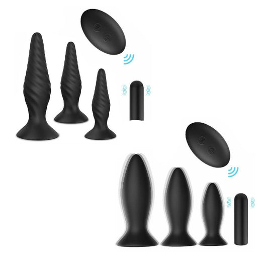 Black Silicone Butt Plug Set Wireless Vibrator Anal Training Bdsm