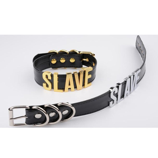 Black Slave Collar With Gold Or Silver Letters Bdsm Bondage Restraints