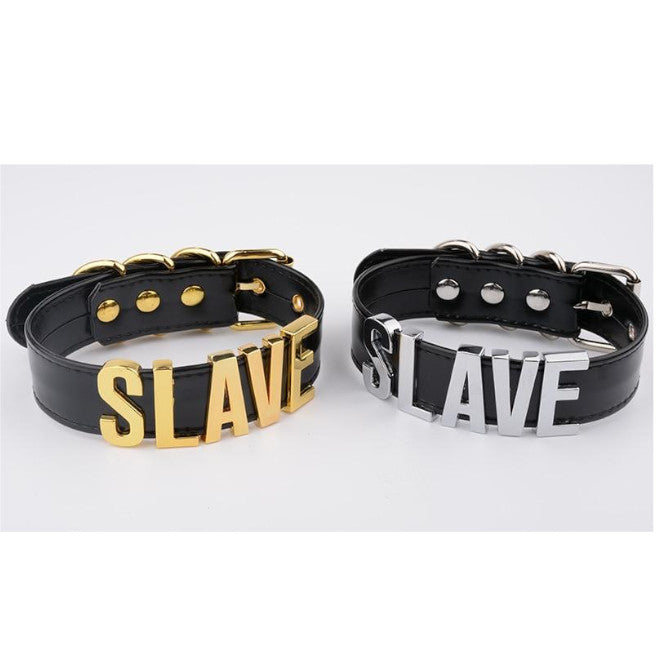 Black Slave Collar With Gold Or Silver Letters Bdsm Bondage Restraints