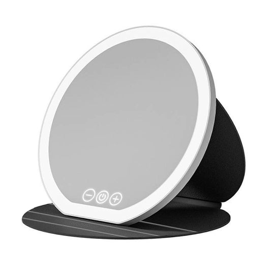 Black Small Round Foldable Led Makeup Mirror 18.5Cm Desktop Vanity With 3 Color Lights & Stepless Dimming