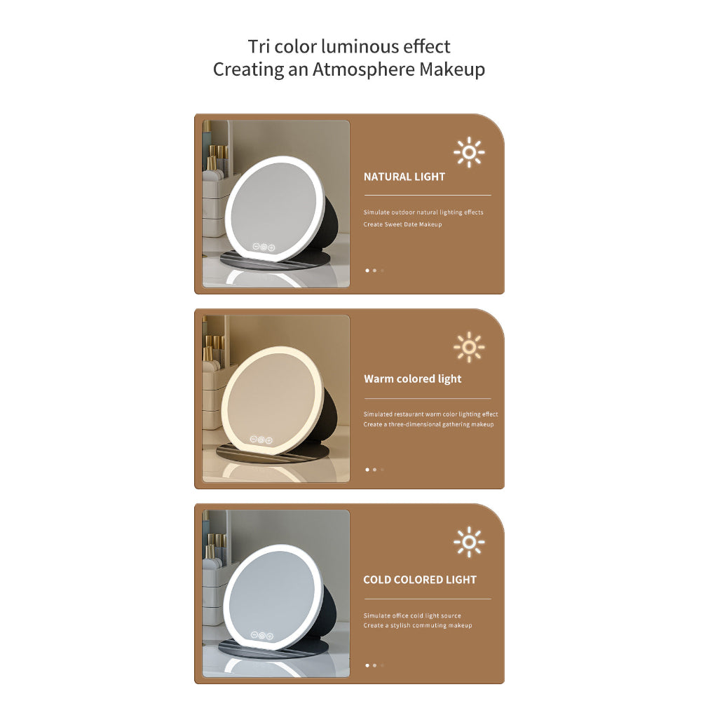 Black Small Round Foldable Led Makeup Mirror 18.5Cm Desktop Vanity With 3 Color Lights & Stepless Dimming