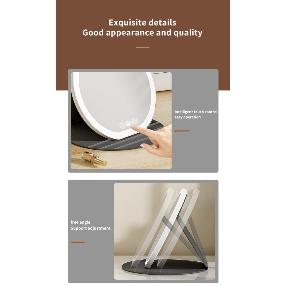 Black Small Round Foldable Led Makeup Mirror 18.5Cm Desktop Vanity With 3 Color Lights & Stepless Dimming