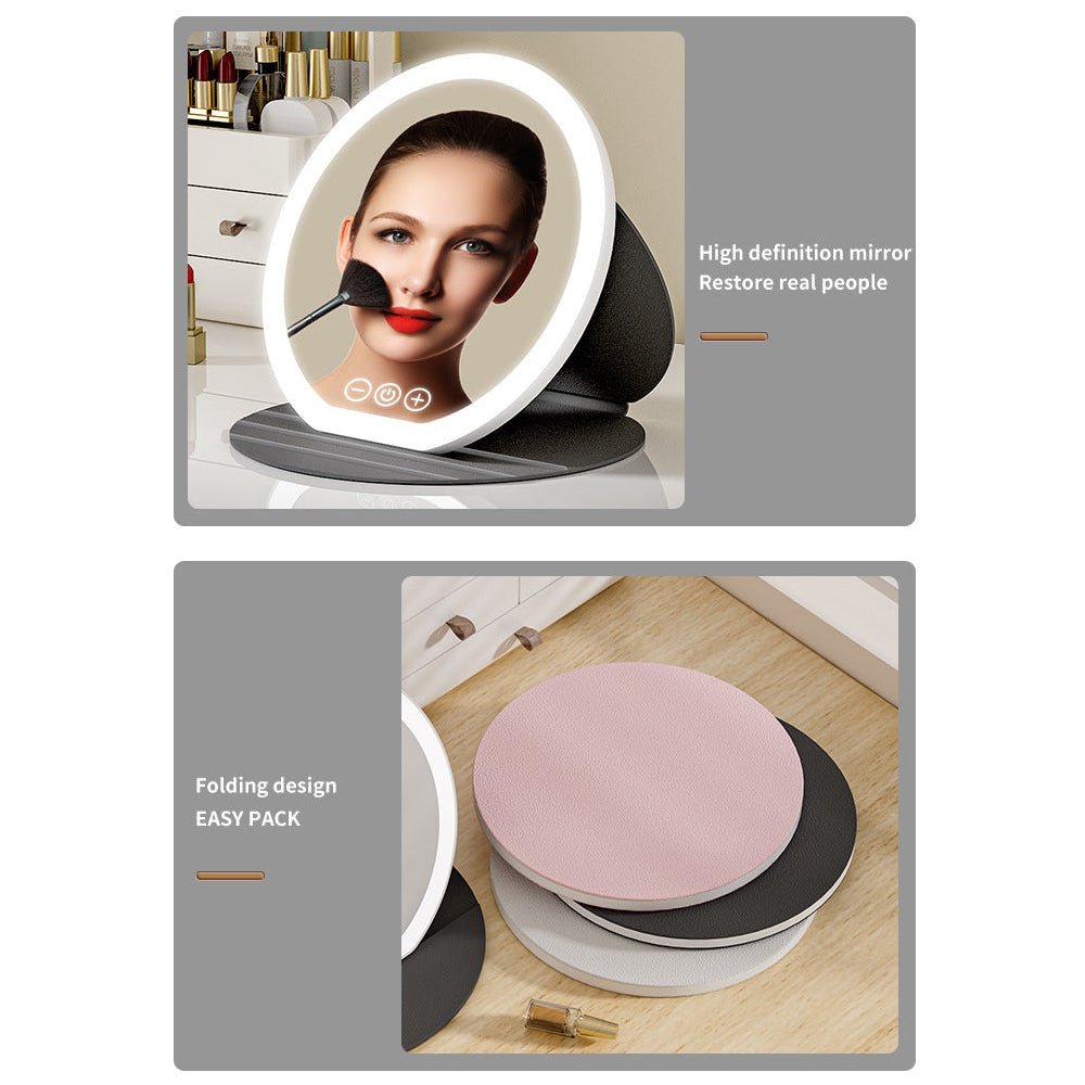 Black Small Round Foldable Led Makeup Mirror 18.5Cm Desktop Vanity With 3 Color Lights & Stepless Dimming