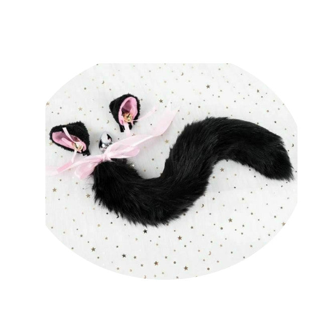 Black White Cute Kitten Ears Faux Fox Tail Ana Butt Plug Cosplay Bdsm