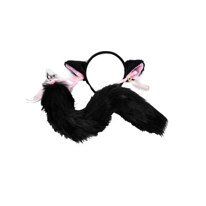 Black White Cute Kitten Ears Faux Fox Tail Ana Butt Plug Cosplay Bdsm