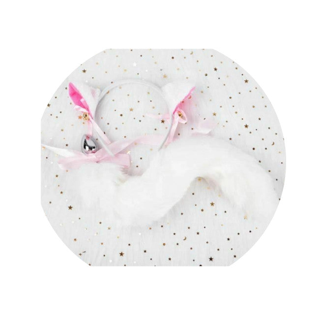 Black White Cute Kitten Ears Faux Fox Tail Ana Butt Plug Cosplay Bdsm
