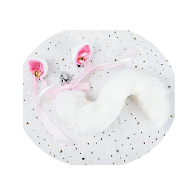 Black White Cute Kitten Ears Faux Fox Tail Ana Butt Plug Cosplay Bdsm