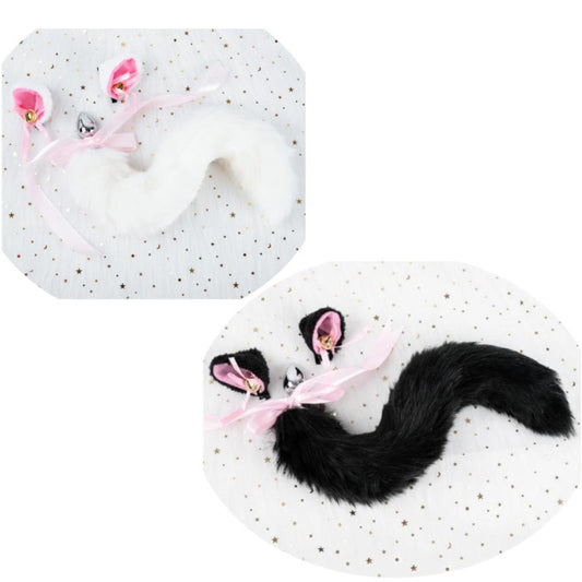 Black White Cute Kitten Ears Faux Fox Tail Ana Butt Plug Cosplay Bdsm