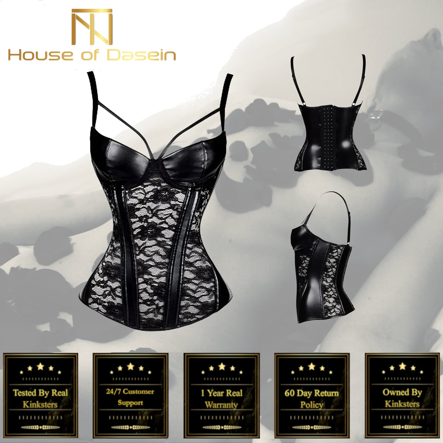 Black Leather And Lace Bustier Over Slimming Lingerie Bdsm Fetish Clothing