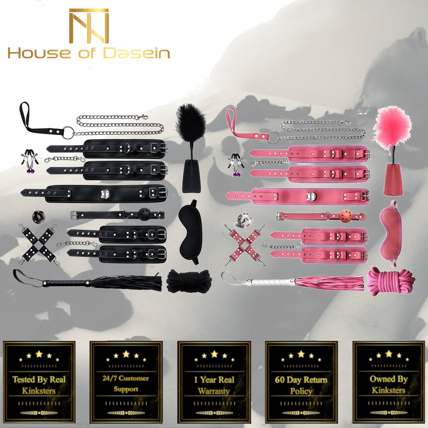 Black Pink Bondage Kit Handcuffs Leash Whip Gag Nipple Clamps Bdsm Set
