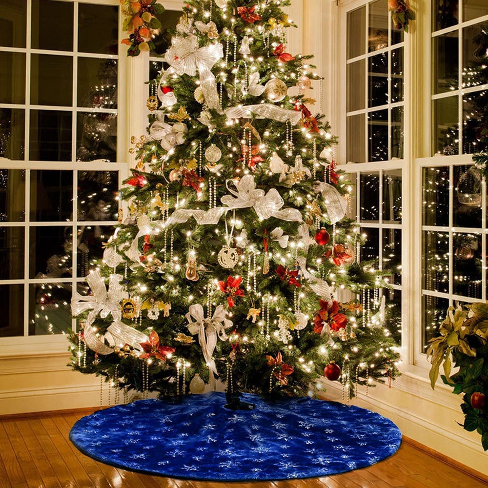 Blue Christmas Plush Tree Skirt With Silver Sequin Snowflake Xmas Decorations
