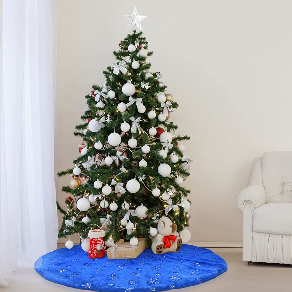 Blue Christmas Plush Tree Skirt With Silver Sequin Snowflake Xmas Decorations