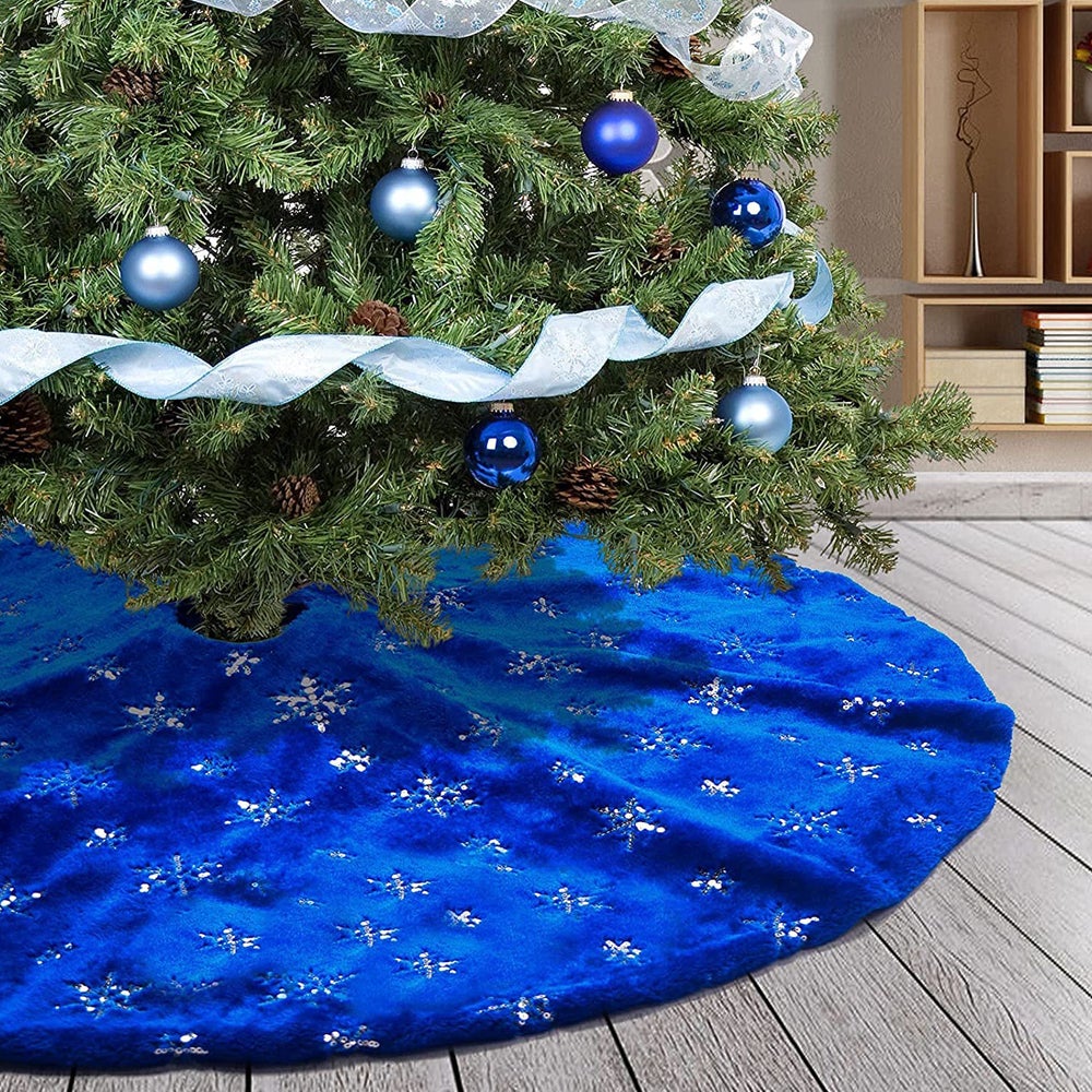 Blue Christmas Plush Tree Skirt With Silver Sequin Snowflake Xmas Decorations