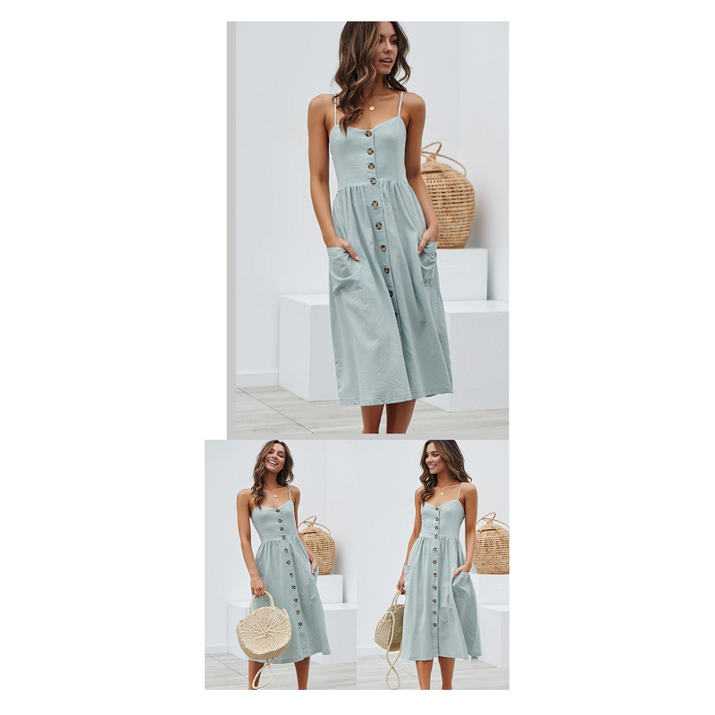 Blue Boho Cotton Casual Midi Sundress Women Summer Dress