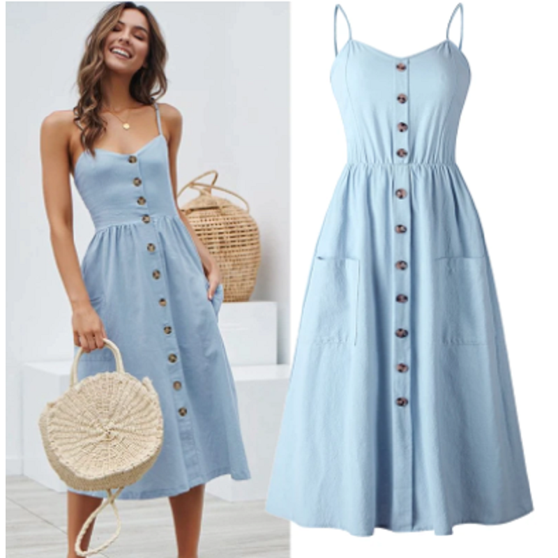 Blue Boho Cotton Casual Midi Sundress Women Summer Dress