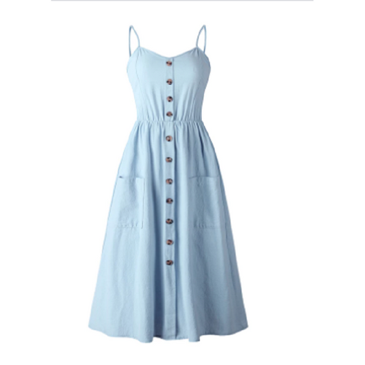 Blue Boho Cotton Casual Midi Sundress Women Summer Dress