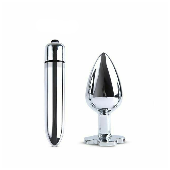 Blue Flower Stainless Steel Metal Anal Crystal Butt Plug Vibrator Set Bdsm